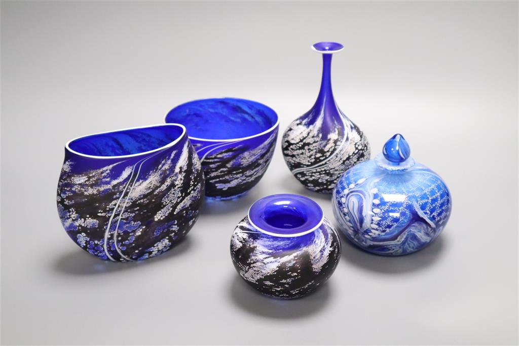 A group of five modern blue glass vases, Andres for Stone Series, tallest 17cm and a Langley coloured glass scent bottle with stopper